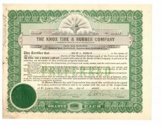 1921 Knox Tire & Rubber Co Stock Certificate,  Ohio