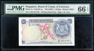 Singapore 1 Dollars Nd 1967 P 1 A Without Red Seal L.  K.  San Gem Unc Pmg 66 Epq