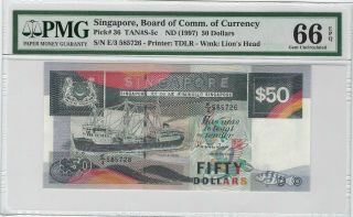 1994 Singapore $50 Dollars Ship Series,  Pmg 66 Epq Gem Unc,  P - 36 Tan S - 5c