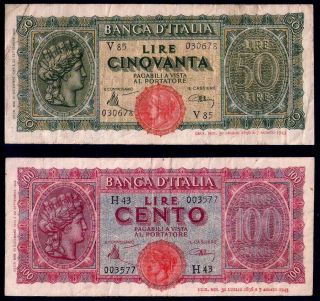 Italy,  50,  100 Lire,  2 Paper Money,  1943