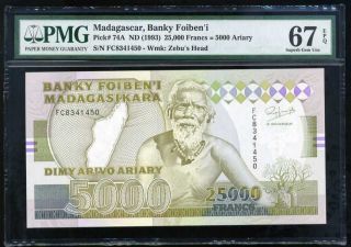 Madagascar 25000 Francs 5000 Ariary Nd 1993 P 74a Gem Unc Pmg 67 Epq High
