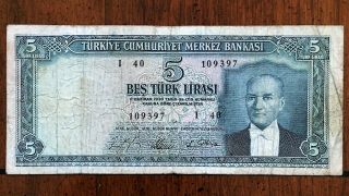 1965 Turkey 5 Lira Banknote Pick 174 Scarce