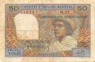 Madagascar 50 Francs 1969 P 61 Series M.  22 Circulated Banknote 3lb2