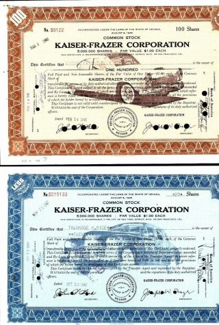 2 Stocks: Brown,  1946 With Kaiser,  Blue,  1947 With Fraser,  Both Cancelled