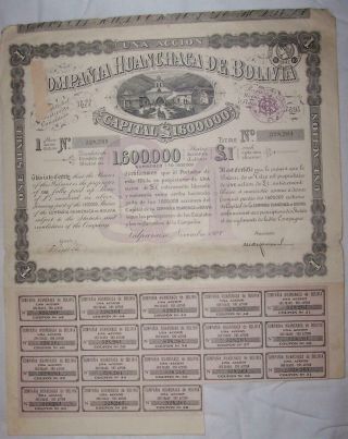 Bolivia Bond 1928 Huanchaca Company 1 Share £1 Uncancelled Deco Coupon