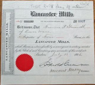 Lancaster Mills,  Boston,  Ma 1916 Stock Certificate - Massachusetts Mass
