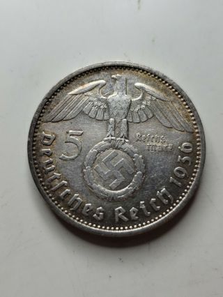 1936 E 5 Mark German WW2 Silver Coin Third Reich Swastika Reichsmark 2