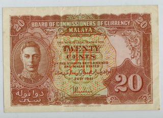 1 July 1941 Malaya 20 Cents Currency George Vi P9a (malaysia)