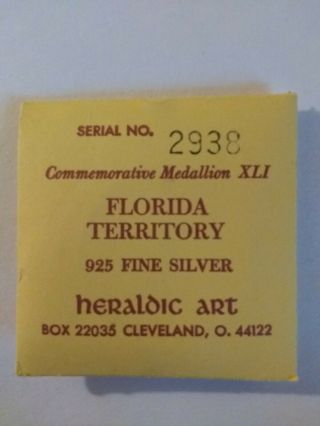1972 Heraldic Art Florida Territory/andrew Jackson Silver Medal W/ Envelope