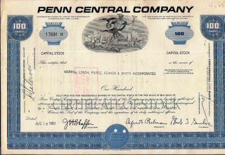 Stock Certificate Penn Central Comp.  Broker Merrill Lynch Blue
