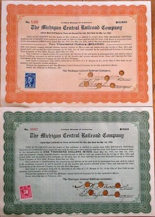 Michigan Central Railroad Co.  - Pair 1915 Stock/bond Certificates W/revenue Stamps