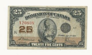 1923 Dominion Of Canada Shinplaster 25 Cents Vg - Fine