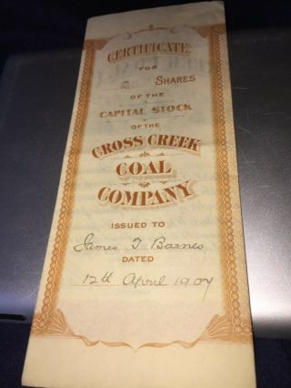 1907 Cross Creek Coal Company Capital Stock Certificate West Virginia