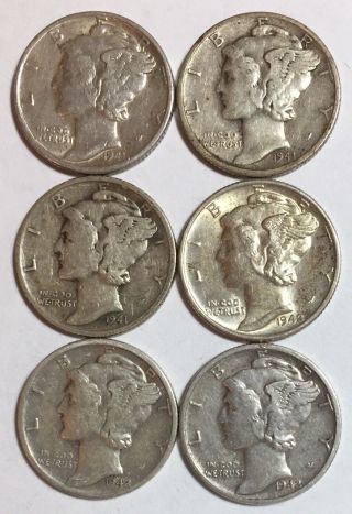 1941,  1941 - D,  1941 - S,  1942,  1942 - D And 1942 - S 10c Mercury Dimes 90 Silver