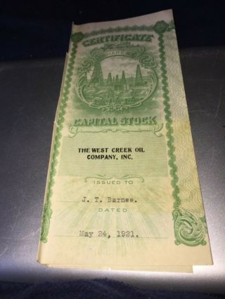 1921 West Creek Oil Company Capital Stock Certificate Westfield,  Ny