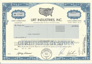 Urt Industries Inc.  1987 Stock Certificate