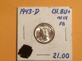1943 - D /ch Bu/ Full Bands Mercury Head Dime 90 Silver