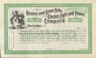 Boston And Great Falls Electric Light And Power Company 1890s Stock Certificate