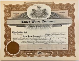 Brave Water Company Pennsylvania Stock Certificate Share