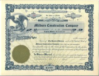 Milburn Construction Company Stock Certificate Jacksonville Florida