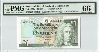 Scotland,  Royal Bank 1992 P - 351c Pmg Gem Unc 66 Epq 1 Pound