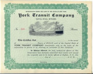 York Transit Company Stock Certificate York Unissued