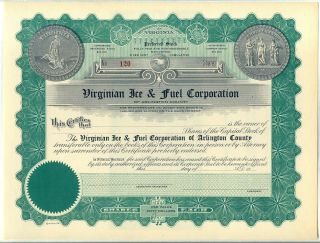 Virginian Ice & Fuel Corporation Of Arlington County Stock Certificate Virginia