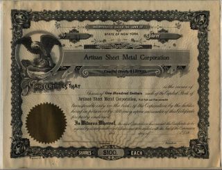 Artisan Sheet Metal Corporation Stock Certificate York