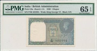 Government Of India India 1 Rupee 1940 Black S/no.  Rare Pmg 65epq