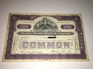 Middle West Utilities Company Stock Certificate - 2 Shares - 246480 - 1931