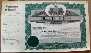 Stock Certificate Black Hawk Press Blank State Of Pennsylvania