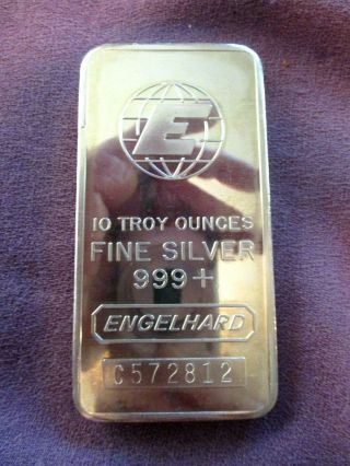 Ultra Rare Engelhard 10 Troy Oz.  999 Fine Silver Bar Serial Numbered 310.  8 Gram