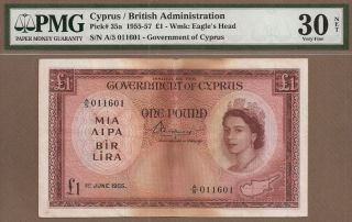 Cyprus: 1 Pound Banknote,  (vf Pmg30),  P - 35a,  01.  06.  1955,