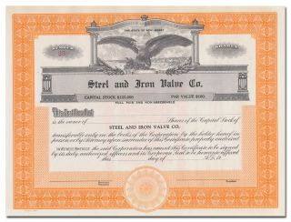 Steel And Iron Valve Co.  Stock Certificate (jersey)