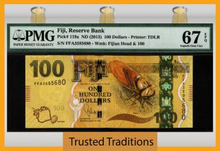 Tt Pk 119a Nd (2013) Fiji Reserve Bank $100 Pmg 67 Epq Gem Uncirculated
