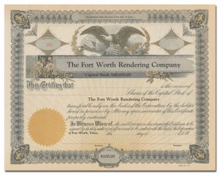 Fort Worth Rendering Company Stock Certificate (texas)