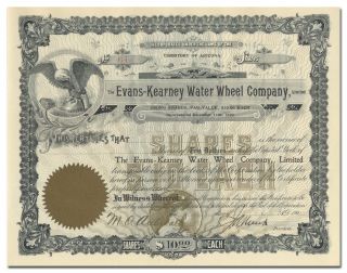 Evans - Kearney Water Wheel Company Stock Certificate (arizona)