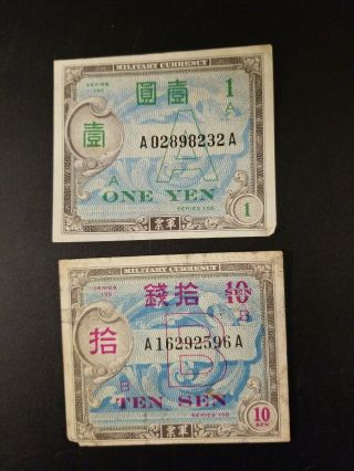 1945 1 Yen & 10 Sen Japan Allied Military Currency Unc Banknote Wwii