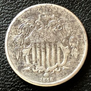 1866 Shield Nickel 5 Cents 5c Higher Grade F - Vf Dark 16547