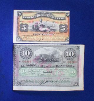 1896 El Banco Espanol De La Isla Cinco & Diez Peso Notes