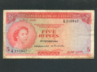 Ceylon (sri Lanka) :p - 54,  5 Rupees 1954 Queen Elizabeth Ii F - Vf