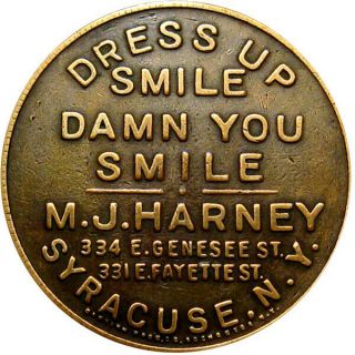 Pre 1933 Syracuse York Good Luck Swastika Token Harney Smile Damn You Smile