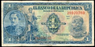 Colombia P - 380f 1 Peso Oro 1.  1.  1950 Earlier Note World Paper Money Currency Vg - F