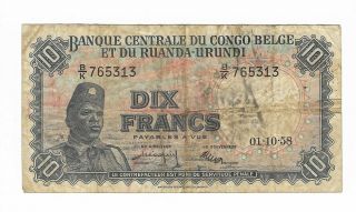 Belgian Congo,  10 Francs 1958,  F - Vf