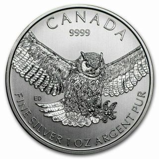2015 $5 Canadian Great Horned Owl (birds Of Prey Series) 1 Oz.  9999 Silver Coin