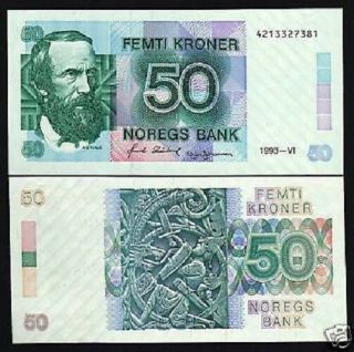 Norway 50 Kroner P42 C 1993 Slaying Dragon Unc Rare Money Bill European Banknote