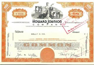 Stock Certificate Howard Johnson Comp.  State Of Maryland 100 Shares