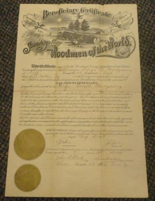 1899 Roff Indian Territory $1000 Woodmen Of The World Beneficiary Certificate