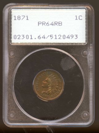 1871 Indian Head Penny 1c Pcgs Proof 64 Red Brown Rattler Holder