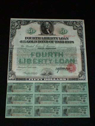 Wwi U.  S.  $50 Fifty Dollar Fourth Liberty Loan 4 1/4 Gold Bond 1933 - 1938,  Rare